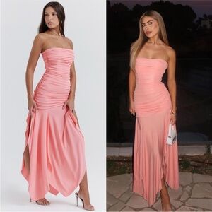 HOUSE OF CB Ivana Apricot Pink Ruffle Gathered Strapless Asymmetric Midi Dress